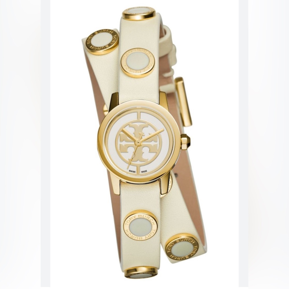Tory Burch Reva Women's Ivory Dial Leather Band Mini Studded Double Wrap Watch